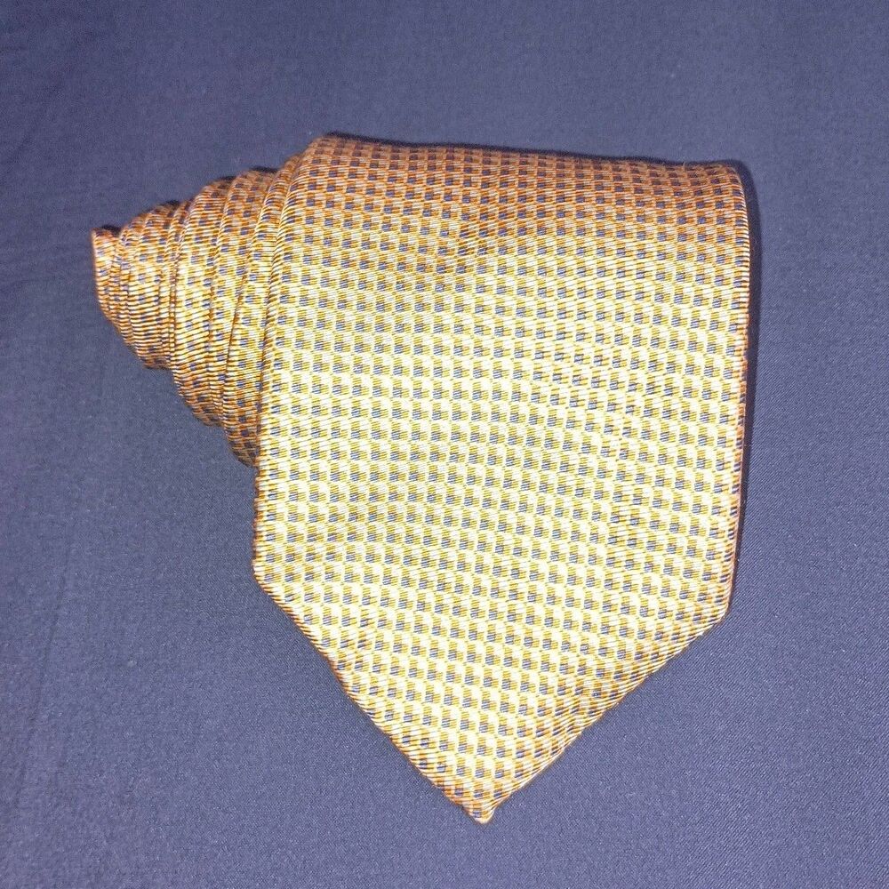 Brooks Brothers Necktie Blue Yellow Gold Checkered Tie 100% Silk Made In USA
